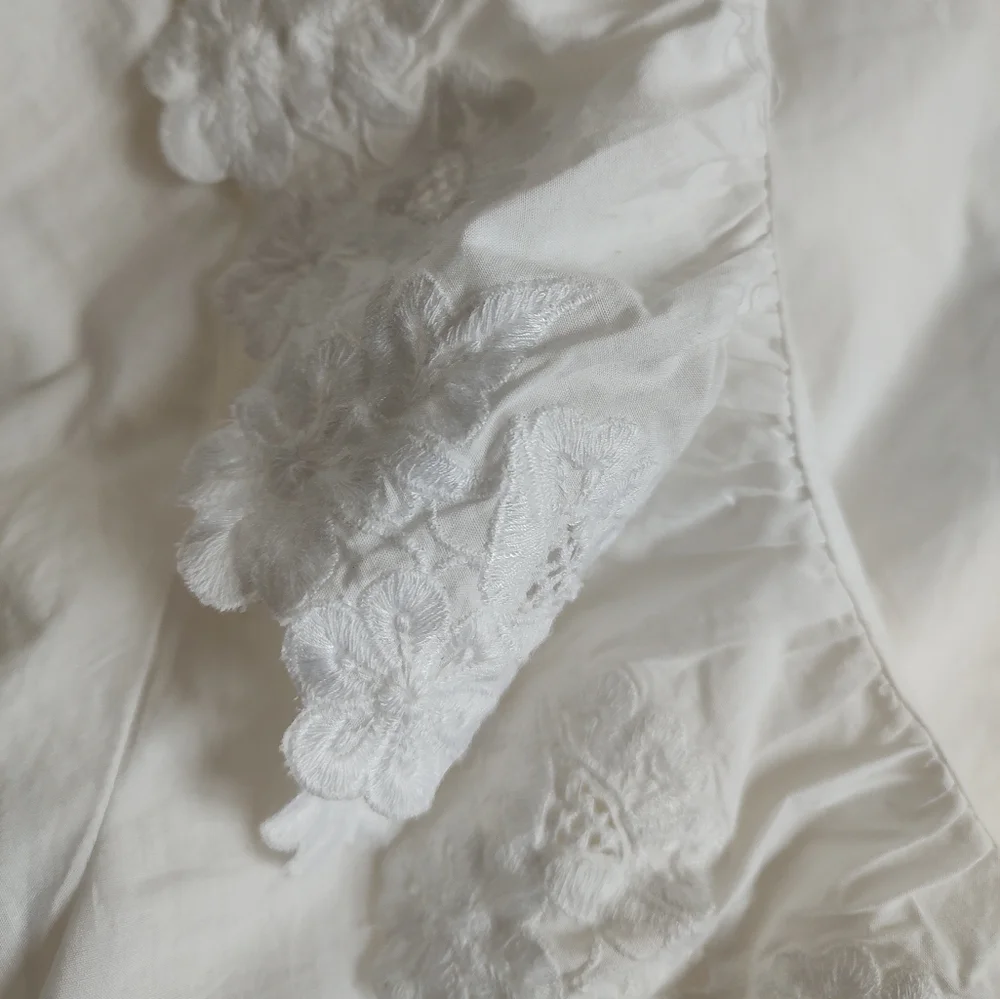 Maeve White Ruffled V-Neck Drawstring Blouse